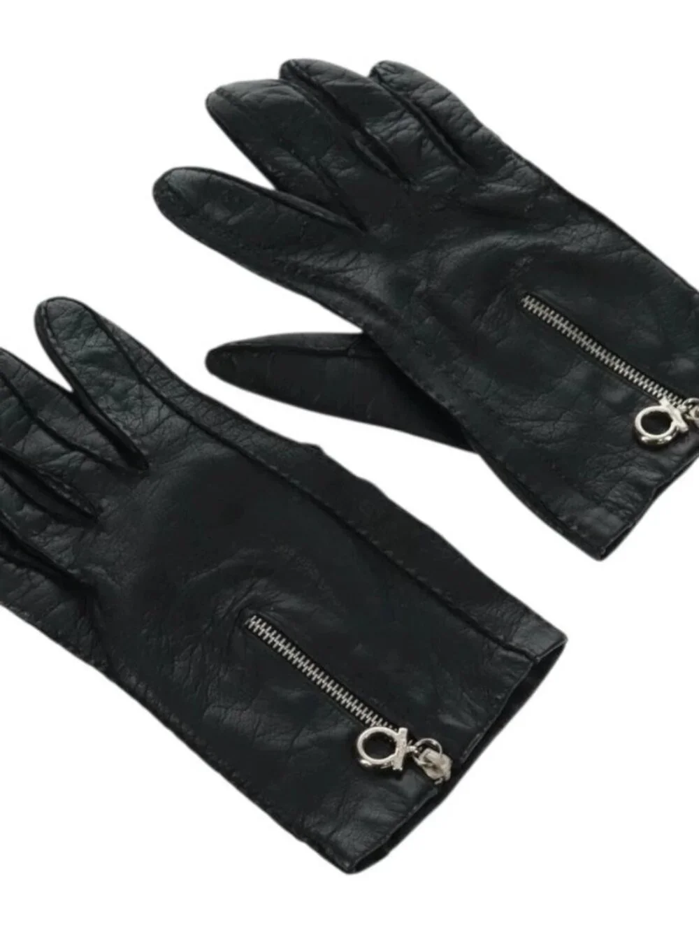 Salvatore Ferragamo Gancini Gloves Leather Black Auth 165653M